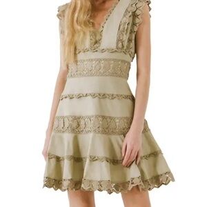 Endless Rose Plunging Fit & Flare Mini Dress with Lace | Green | Boho | SZ Small